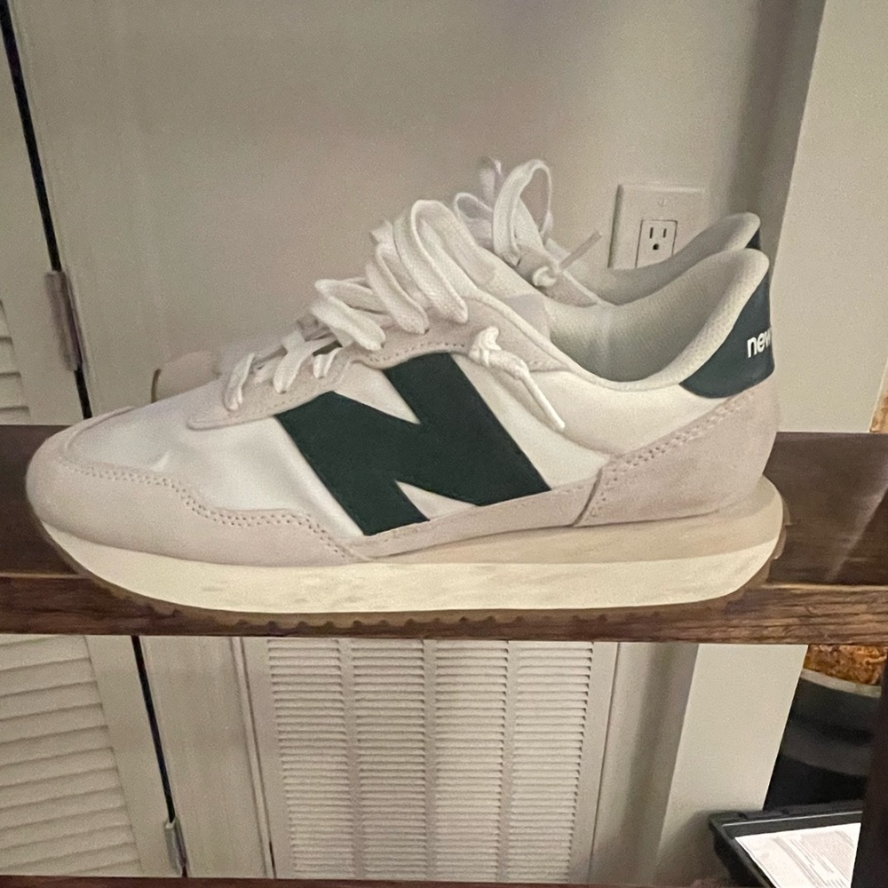 Green and white new balances
